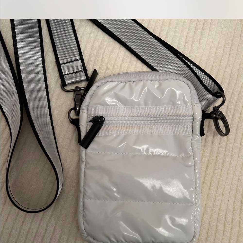 HAUTE SHORE White Quilted Gloss Crossbody with Striped Strap